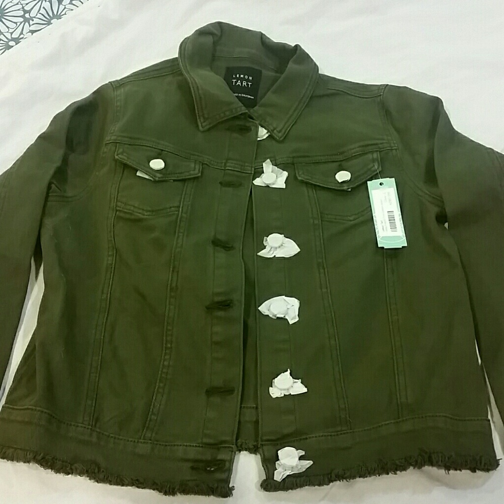 Olive color frayed trim denim jacket